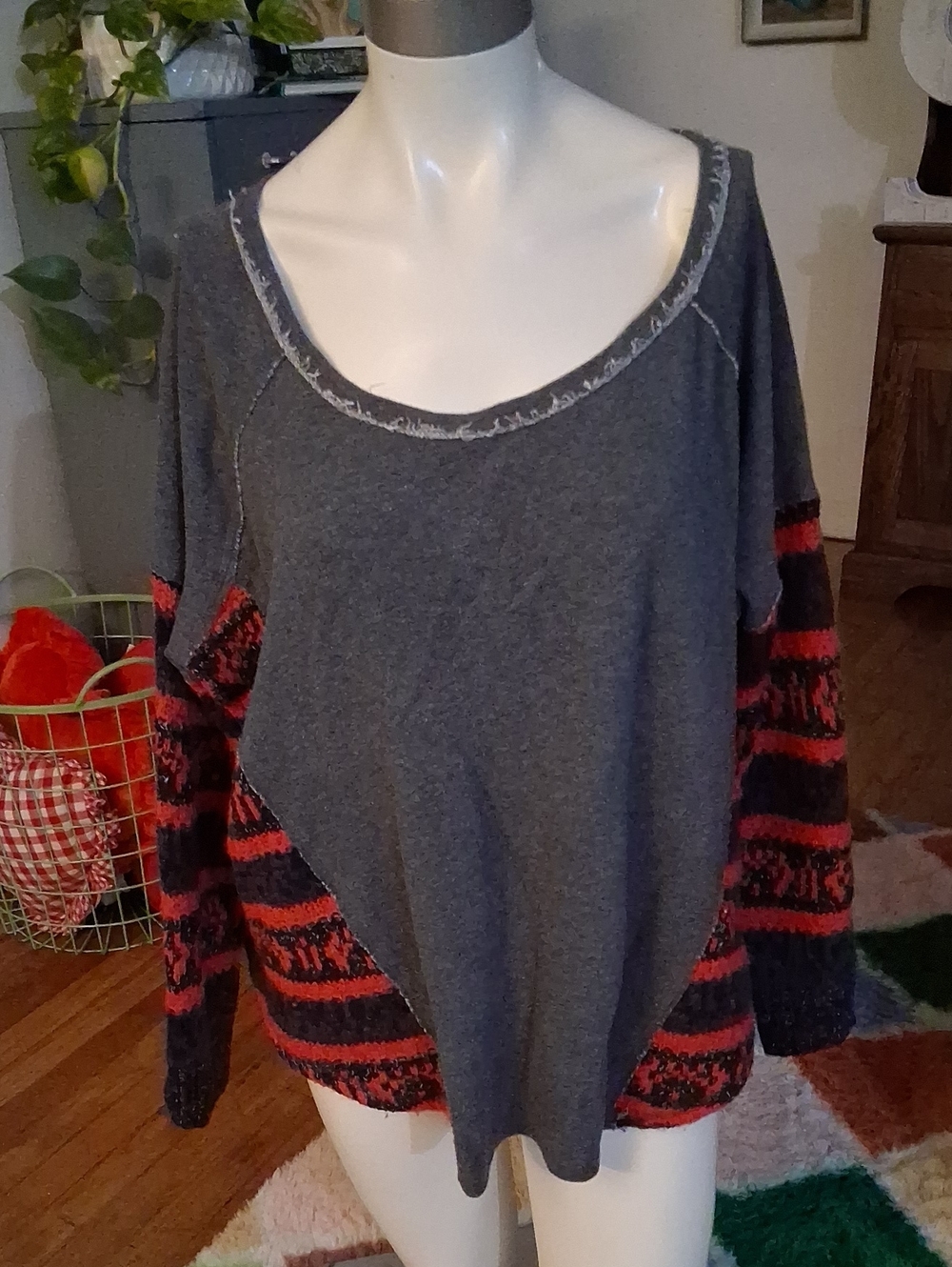 Free People Gray Scoop Neck Sweatshirt with Red-Black Patterned Sweater Sleeves